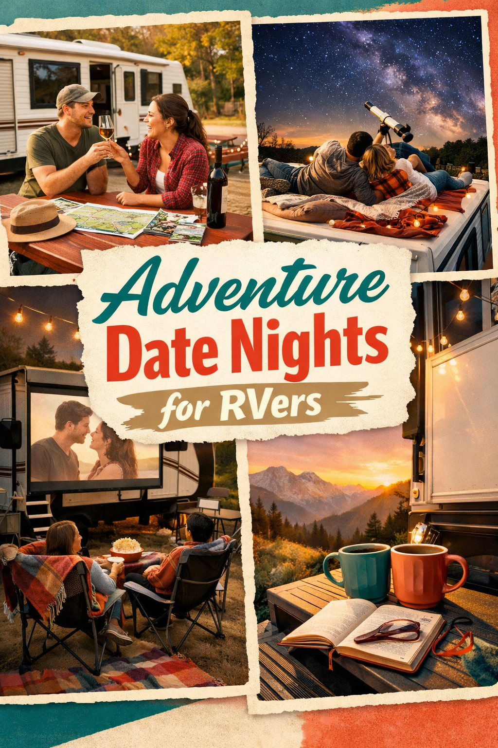 Portrait/Pinterest format () dynamic editorial collage-style image showing four RV date night activity scenes arranged in a