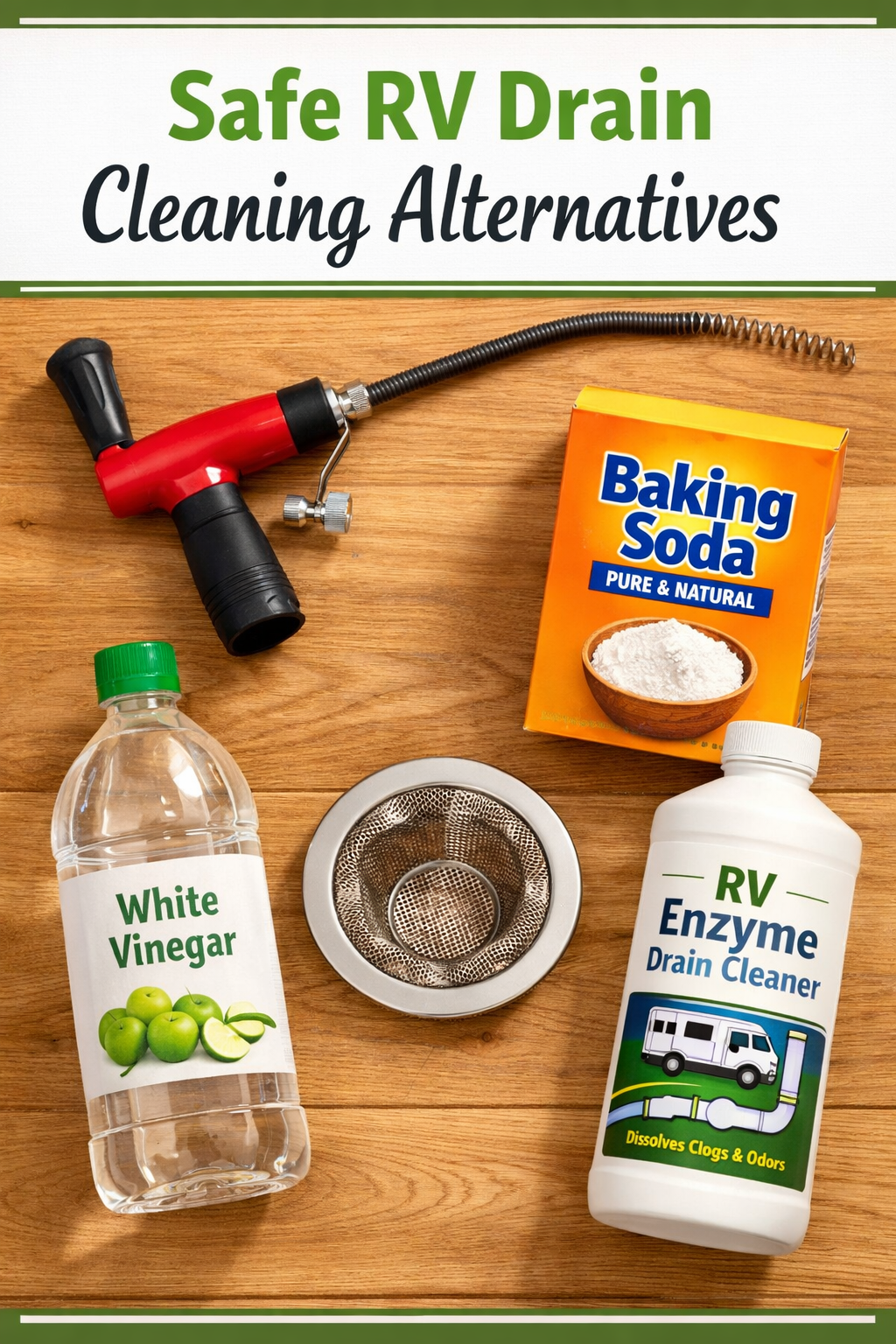 Portrait/Pinterest format () editorial flat-lay image showing safe RV drain cleaning alternatives arranged on a wooden