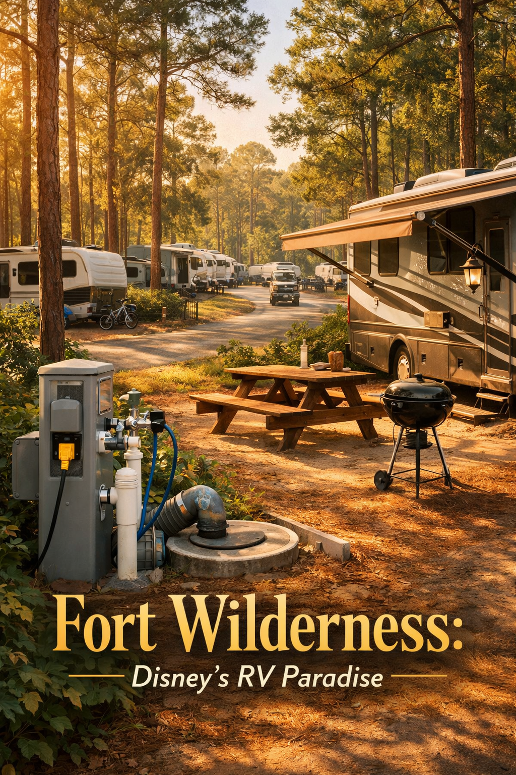 Portrait/Pinterest format () editorial illustration showing Disney's Fort Wilderness Resort campground aerial view with rows