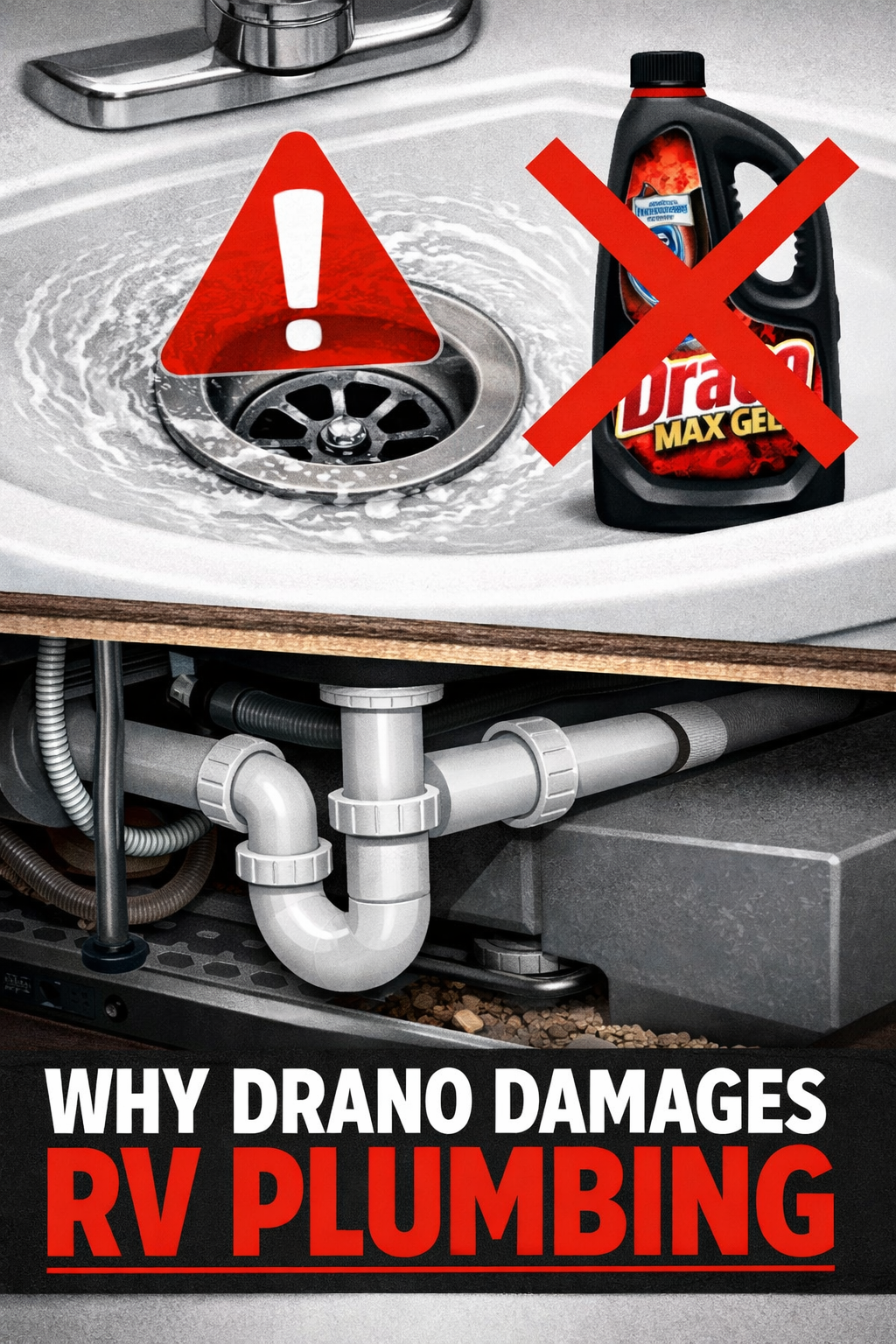 Portrait/Pinterest format () editorial illustration showing a close-up of an RV bathroom sink drain with a red warning