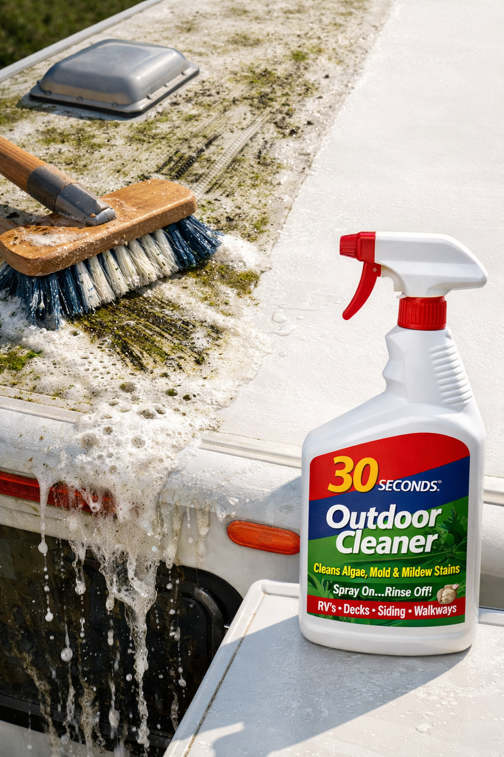 Portrait/Pinterest format () editorial illustration showing a close-up overhead view of an RV rubber roof being treated with