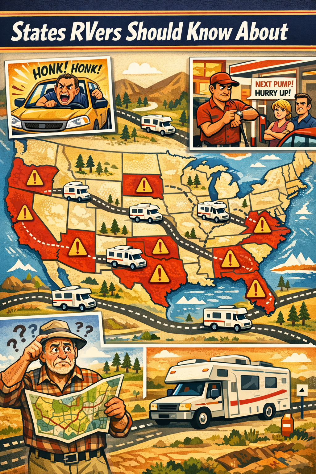 Portrait/Pinterest format () editorial illustration showing a colorful US map with 10 states highlighted in red with warning