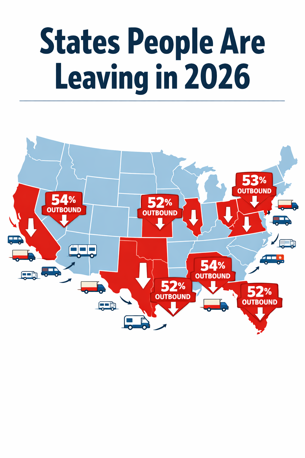 Portrait/Pinterest format () editorial illustration showing a colorful US map with 8 states highlighted in red with downward