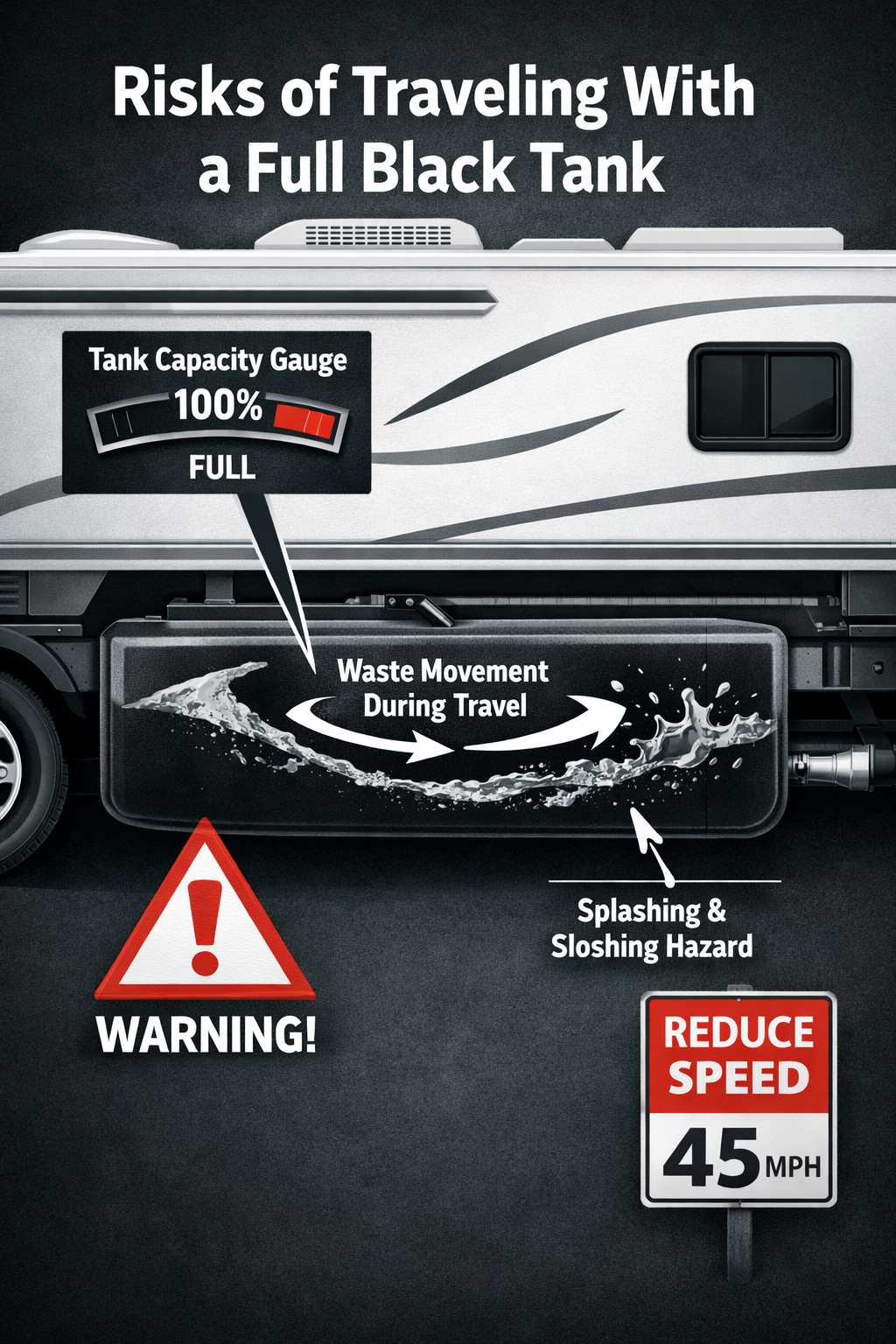 Portrait/Pinterest format () editorial illustration showing a cross-section diagram of an RV black water holding tank
