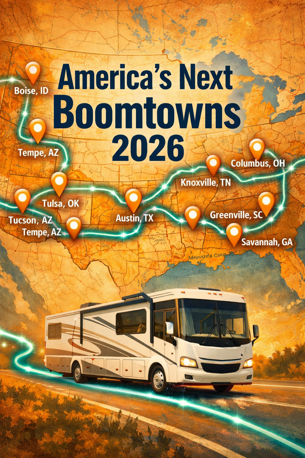 Portrait/Pinterest format () editorial illustration showing a detailed USA road map pinned with glowing location markers