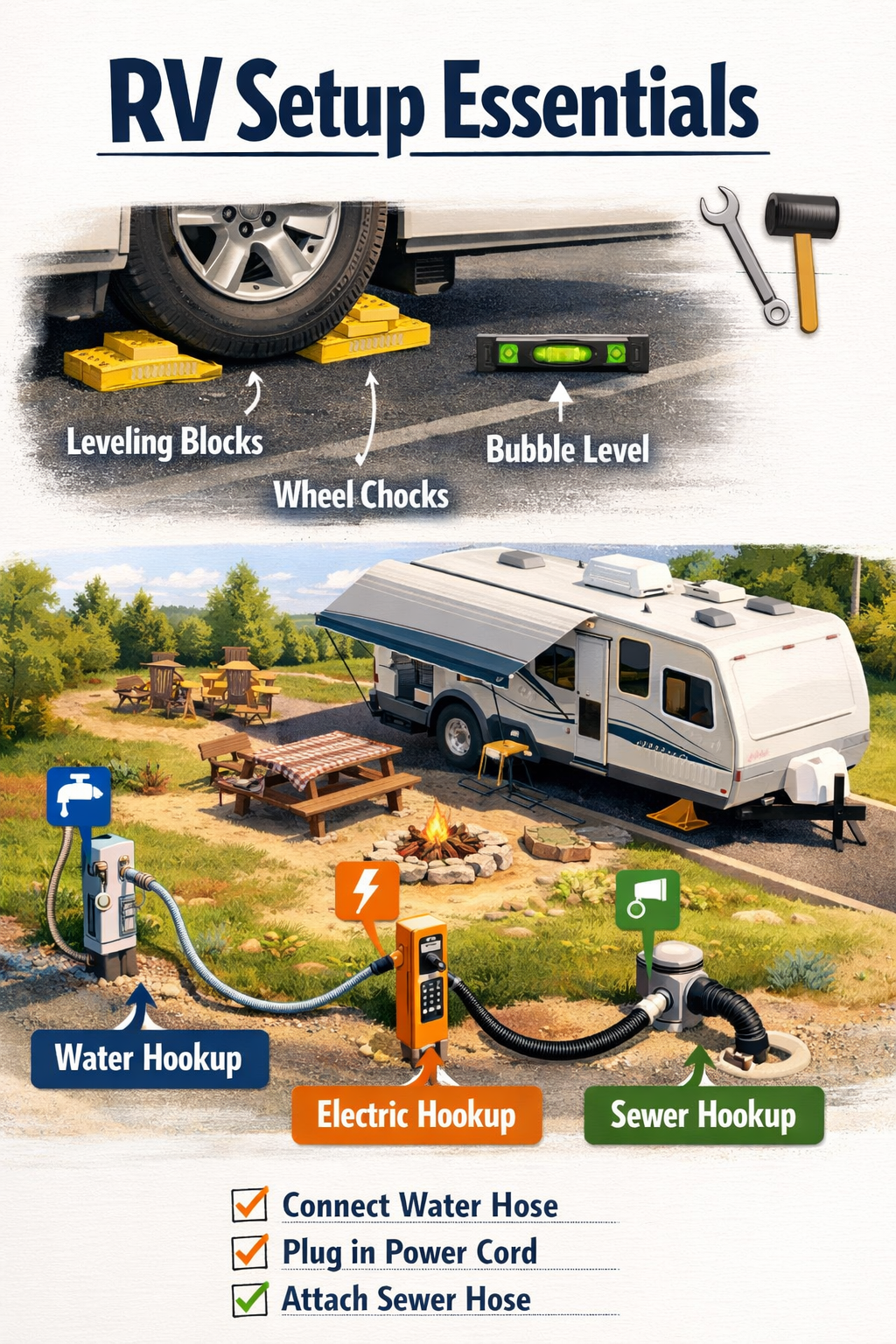 Portrait/Pinterest format () editorial illustration showing a detailed split-scene infographic of RV campsite setup