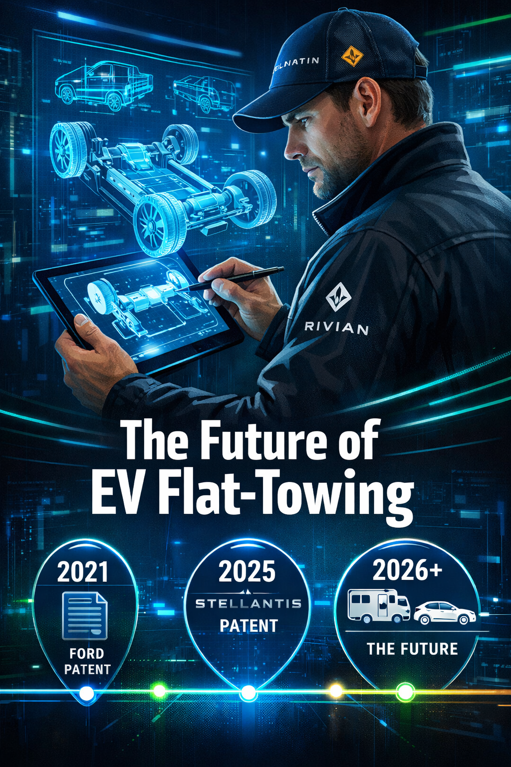 Portrait/Pinterest format () editorial illustration showing a futuristic split-scene: top half features a Stellantis/Rivian