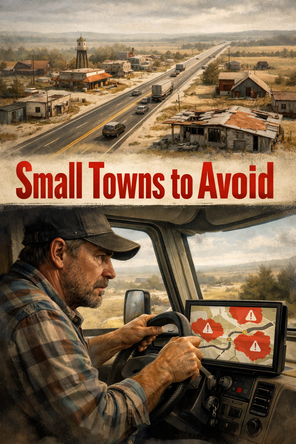 Portrait/Pinterest format () editorial illustration showing a split-scene composition: top half features an aerial view of a