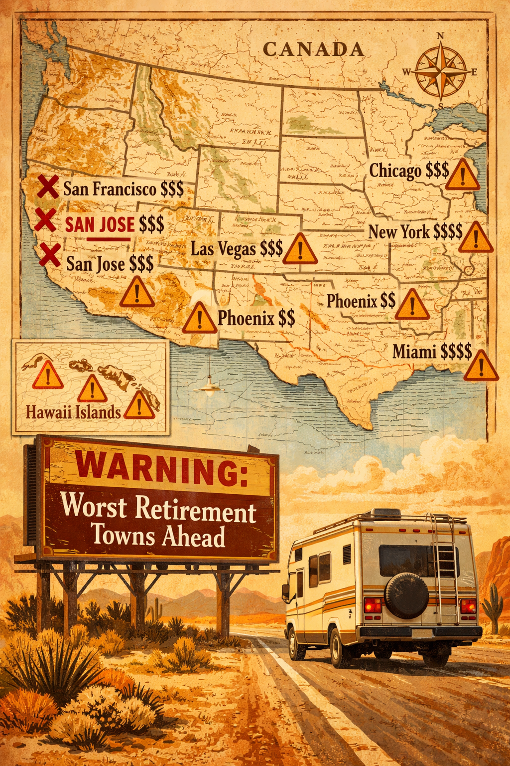 Portrait/Pinterest format () editorial illustration showing a vintage-style road map of the United States with red X markers