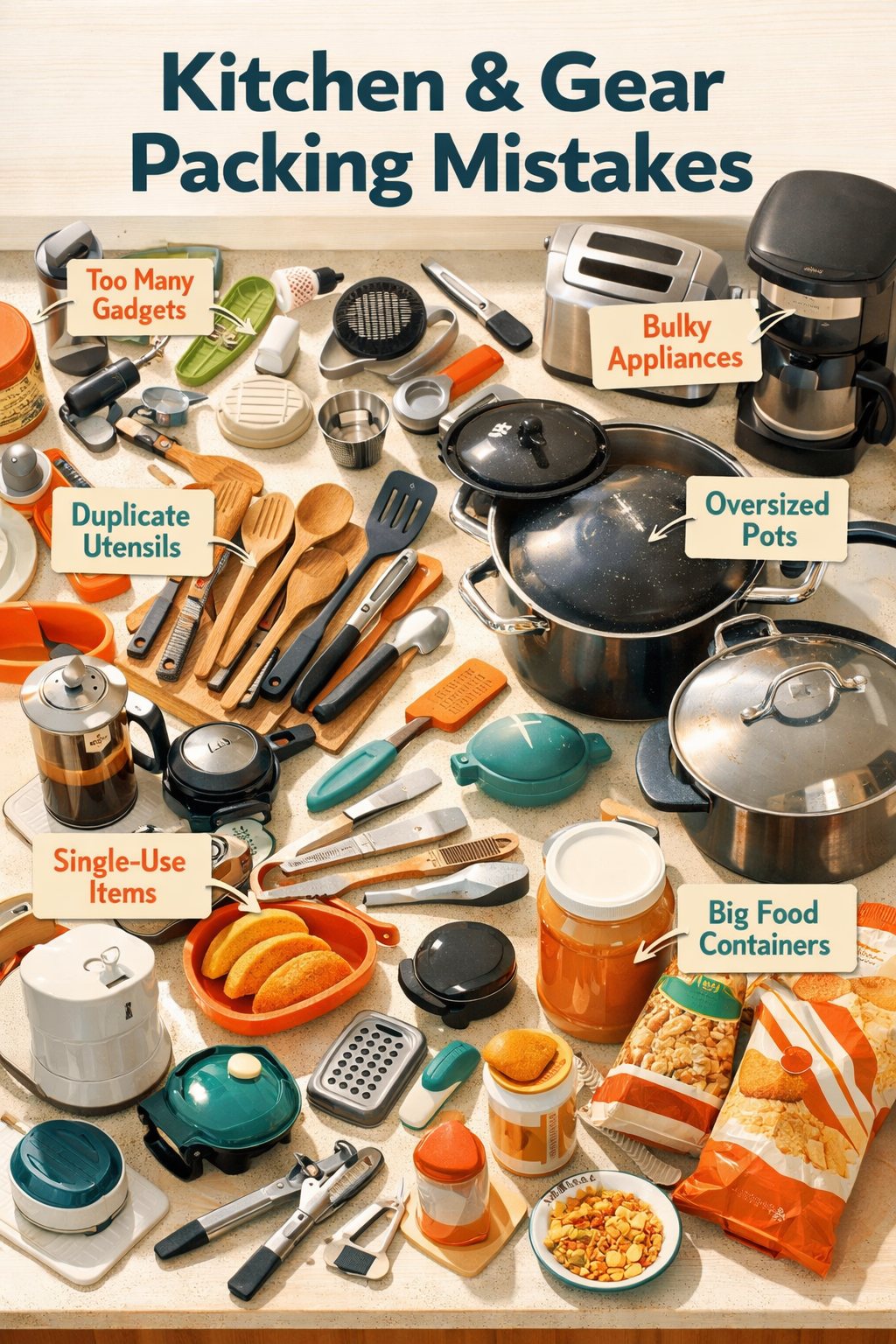 Portrait/Pinterest format () editorial illustration showing an overhead flat-lay of a chaotic RV kitchen counter covered