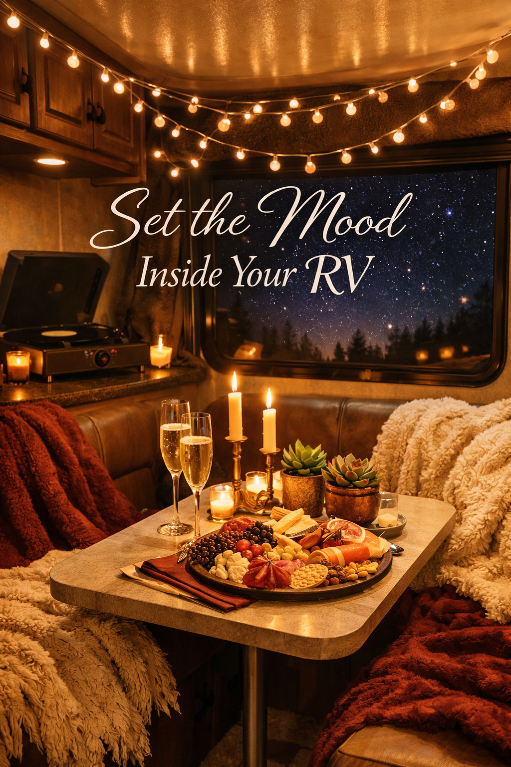 Portrait/Pinterest format () editorial image showing a cozy RV interior transformed for a romantic date night — string fairy