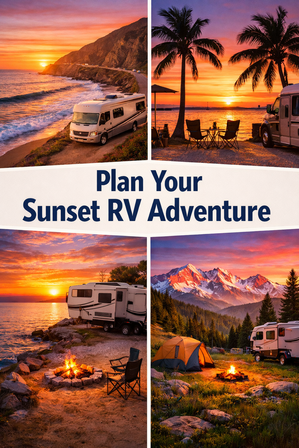 Portrait/Pinterest format () editorial image showing a split-scene collage of four distinct RV campground sunset moments: