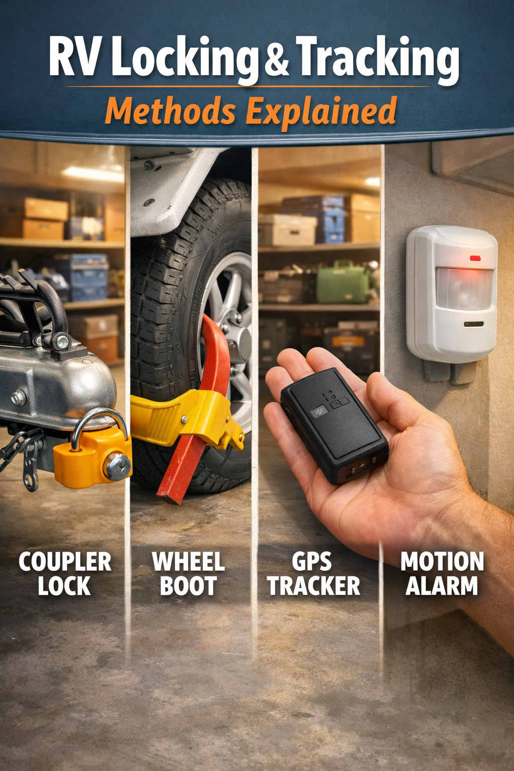 Portrait/Pinterest format () editorial infographic illustration showing four RV security methods side by side: a coupler
