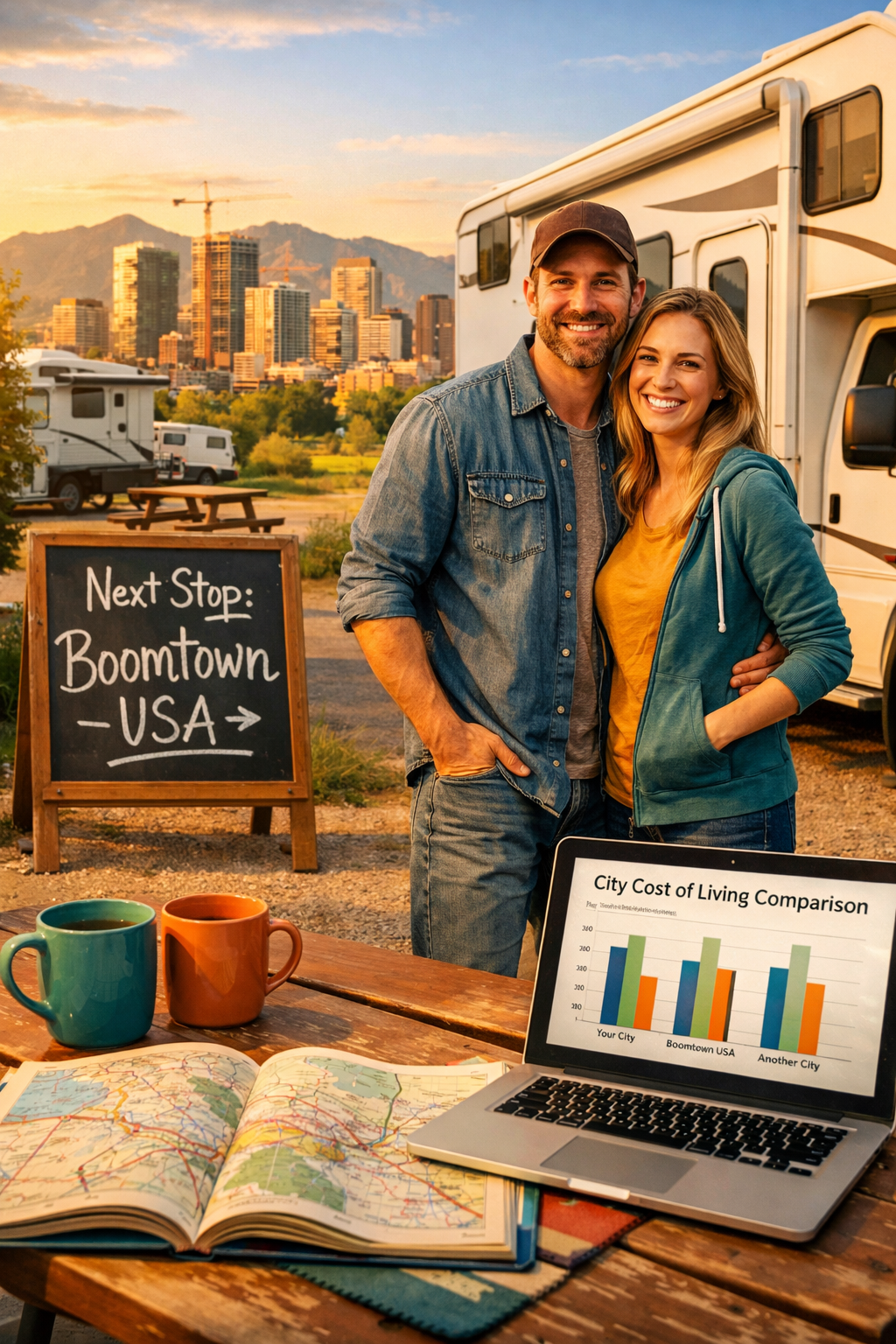 Portrait/Pinterest format () editorial photo-illustration of a smiling couple standing outside their large white RV parked