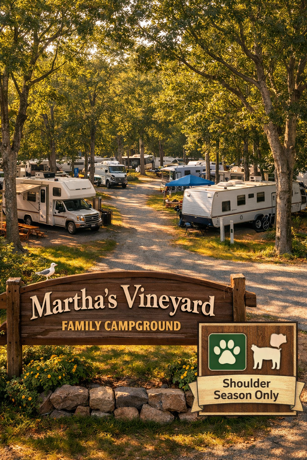Portrait/Pinterest format () editorial photo-realistic scene showing Martha's Vineyard Family Campground from an aerial
