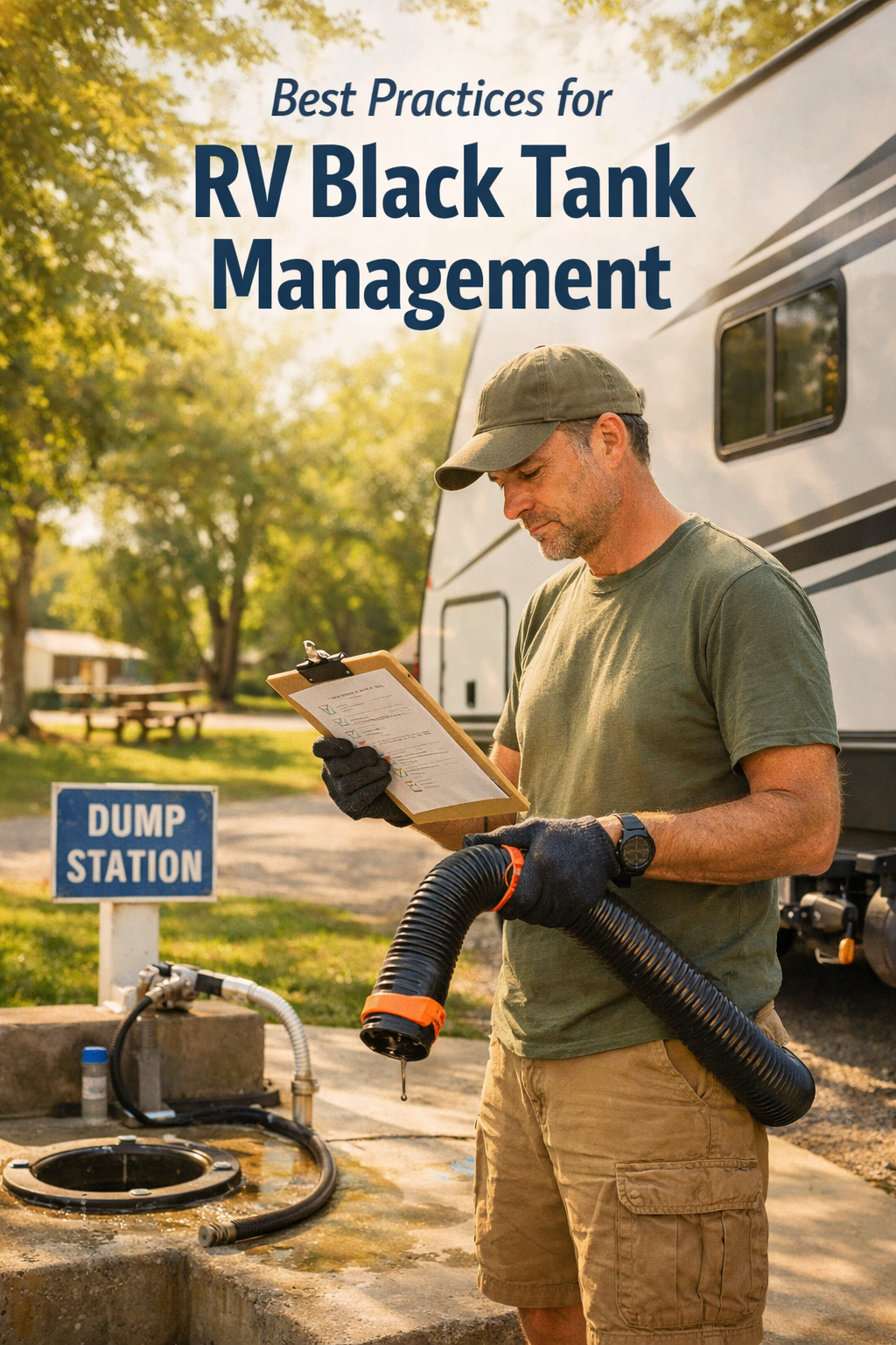 Portrait/Pinterest format () editorial photo-style image showing an RV owner in casual outdoor clothing standing next to a