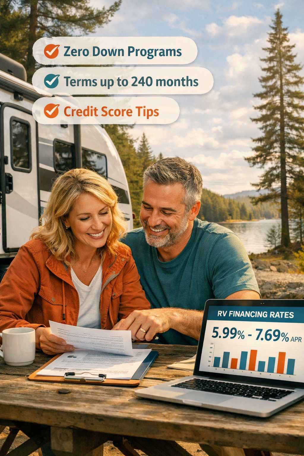 Portrait/Pinterest format () editorial scene showing a happy couple in their 40s sitting at an outdoor picnic table beside a