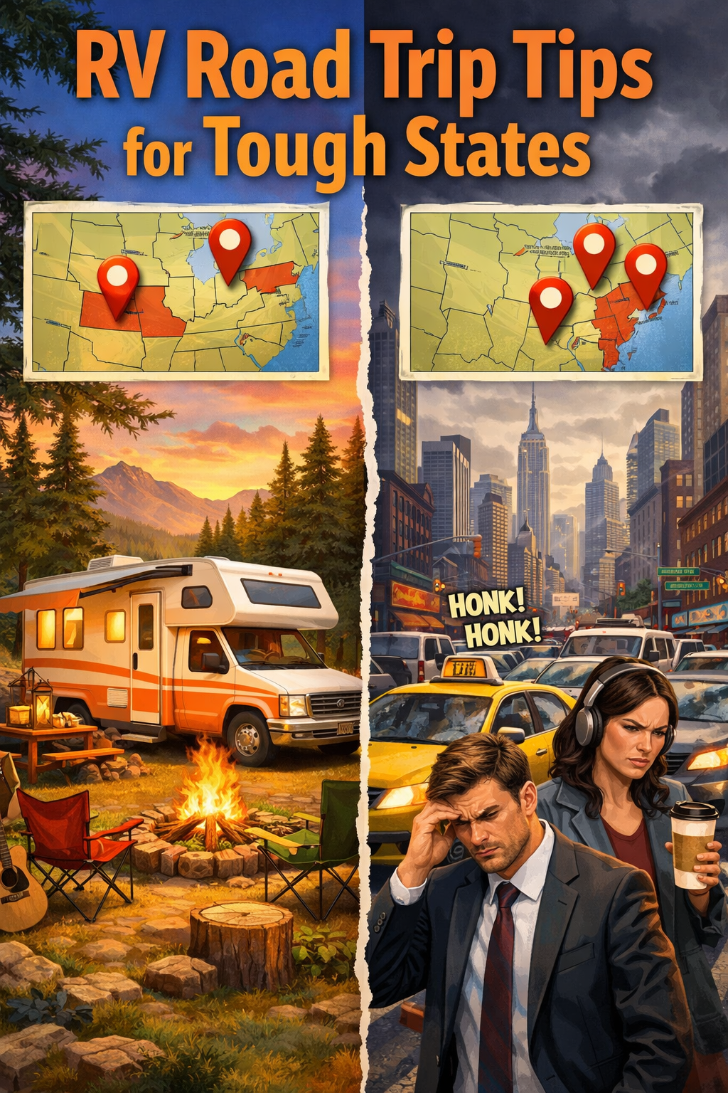 Portrait/Pinterest format () editorial travel scene showing a cheerful RV parked at a scenic campground with a friendly