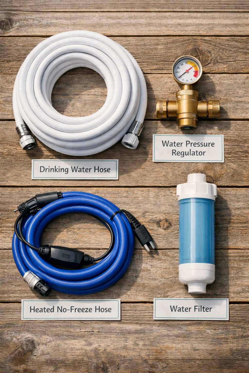 Portrait/Pinterest format () flat-lay overhead shot on a rustic wooden surface showing essential RV water accessories: a