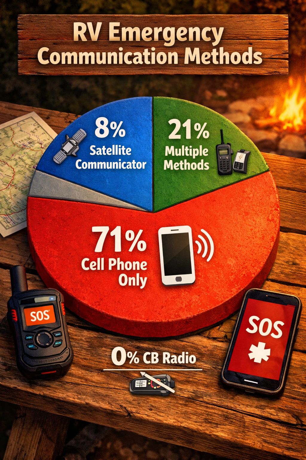 Portrait/Pinterest format () infographic-style illustration showing a colorful pie chart breaking down RV emergency