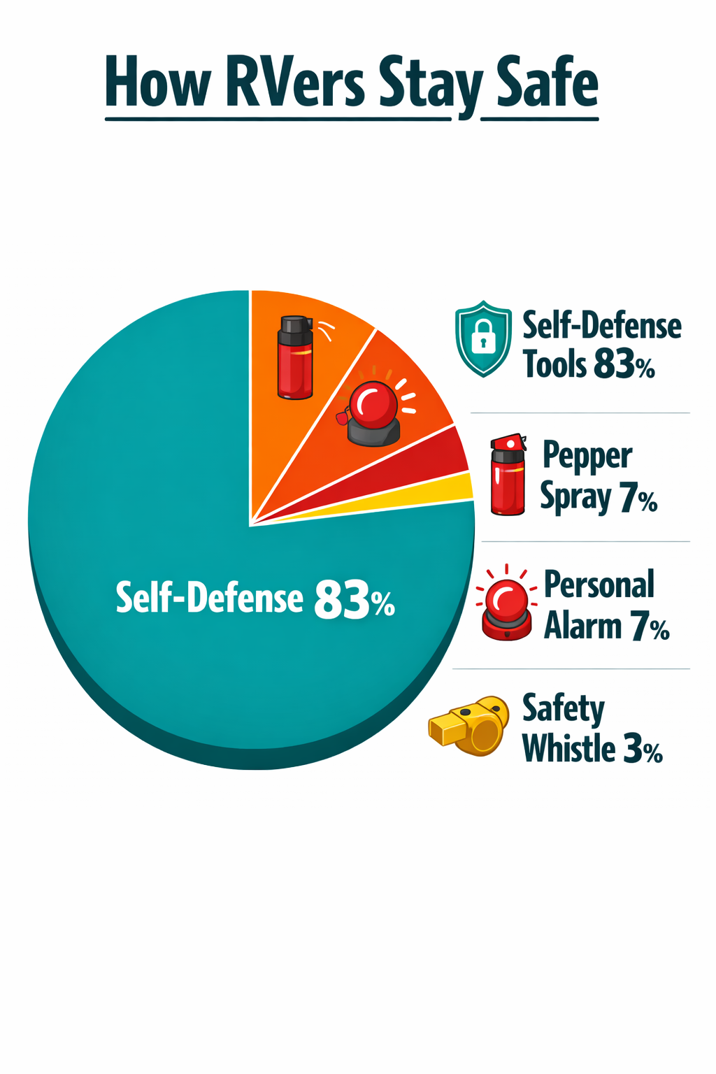 Portrait/Pinterest format () infographic-style illustration showing a colorful pie chart breaking down RV personal safety