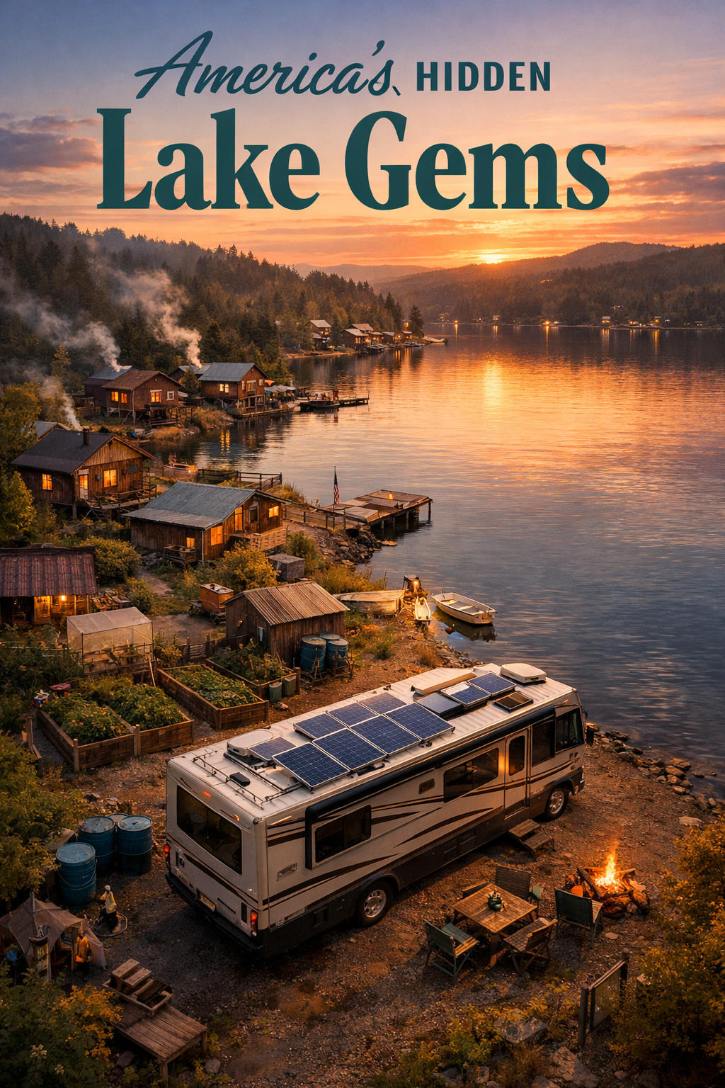 Portrait/Pinterest format () showing a bird's-eye aerial drone view of a small forgotten American lake town at dusk, with a