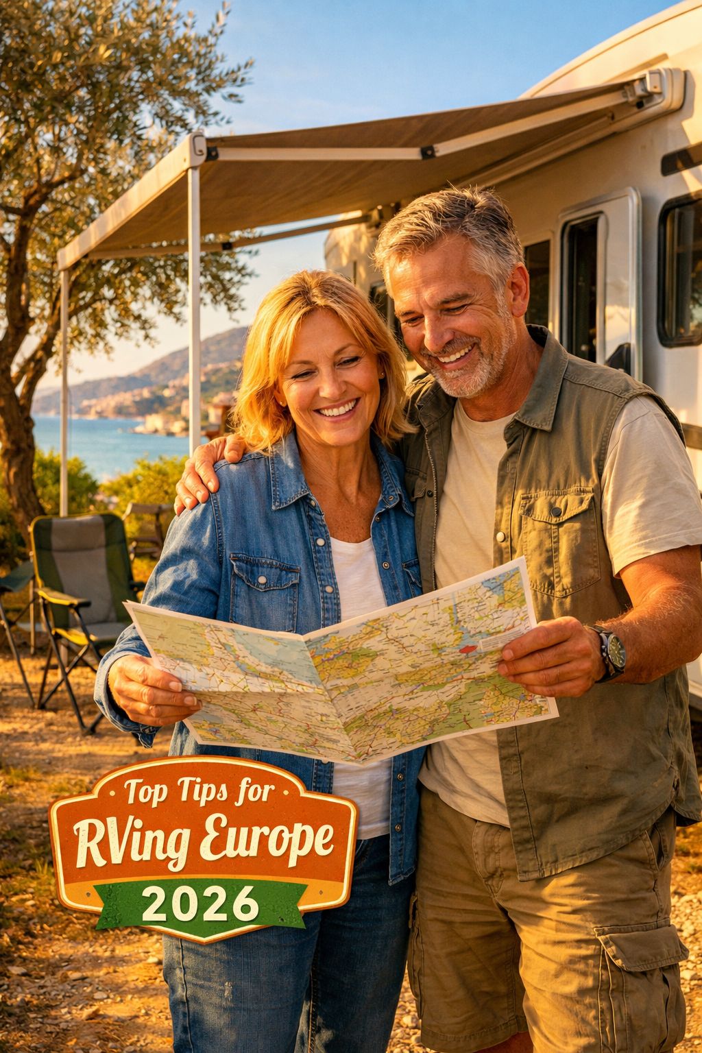 Portrait/Pinterest format () showing a cheerful couple in their 50s standing outside their parked motorhome at a scenic