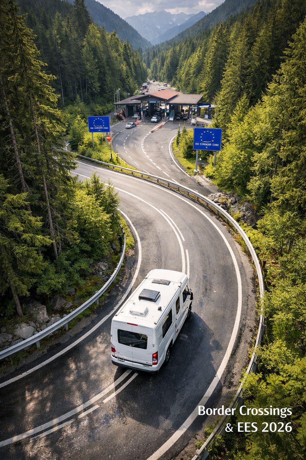 Portrait/Pinterest format () showing a close-up aerial drone shot looking down at a white campervan driving through a