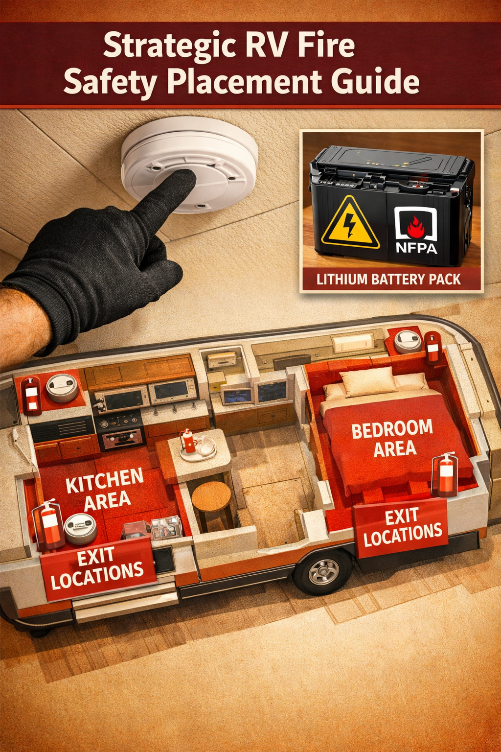 Portrait/Pinterest format () showing a close-up bird's-eye view of an RV interior layout diagram with red highlighted zones