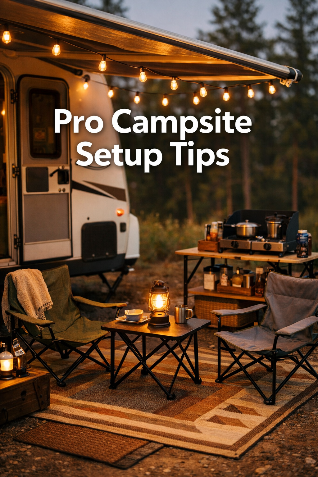 Portrait/Pinterest format () showing a close-up lifestyle photograph of an expertly organized RV outdoor living space at