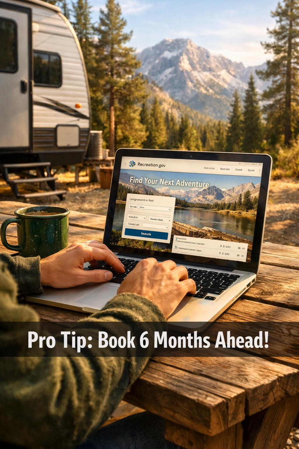 Portrait/Pinterest format () showing a close-up lifestyle scene of an RV camper sitting at a picnic table outside their