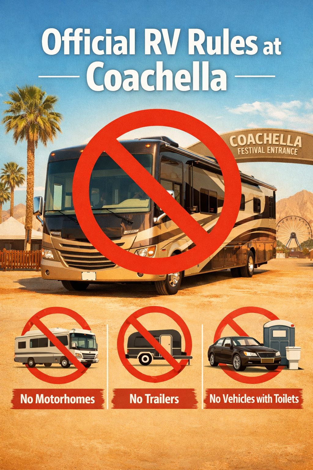 Portrait/Pinterest format () showing a close-up of a large Class A motorhome RV parked outside a festival venue entrance