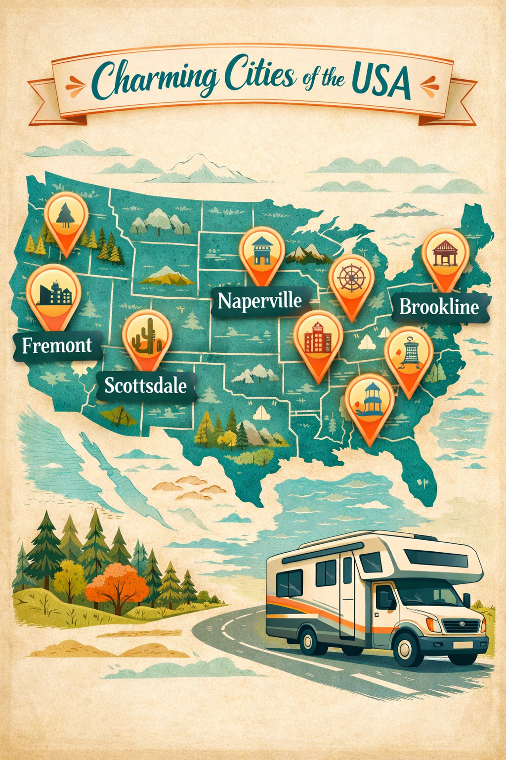 Portrait/Pinterest format () showing a detailed illustrated-style infographic map of the USA with ten glowing pin markers