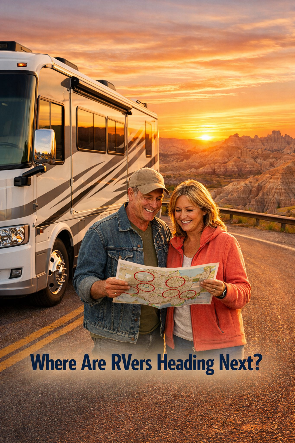 Portrait/Pinterest format () showing a gleaming white and silver Class A motorhome parked at a stunning South Dakota