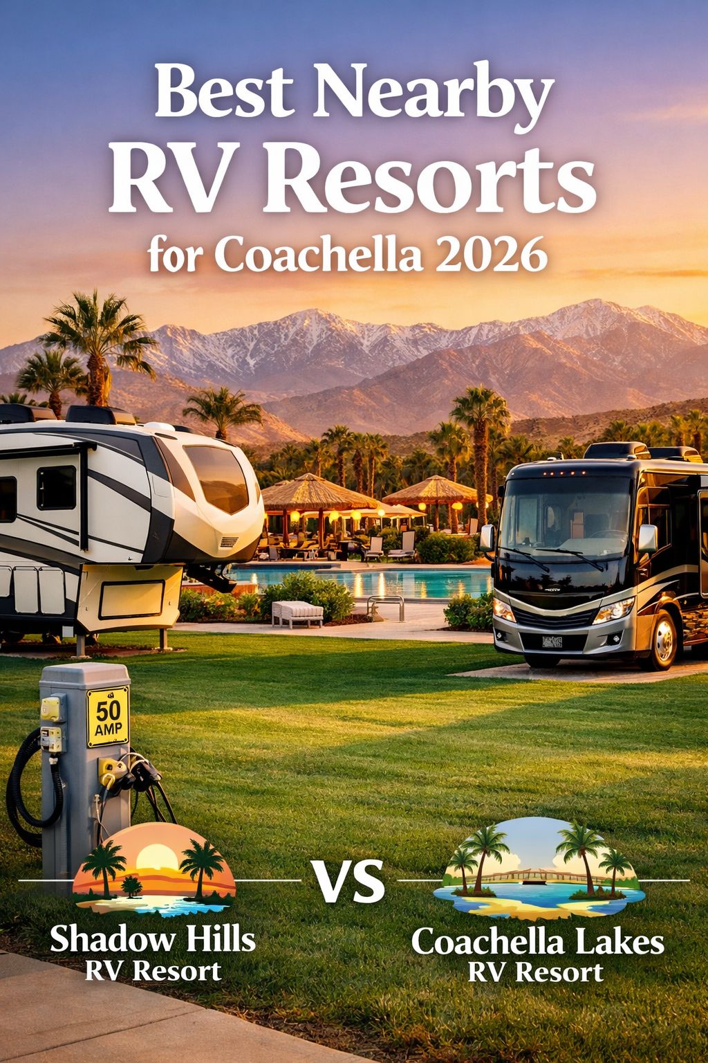 Portrait/Pinterest format () showing a luxurious full-hookup RV resort with a large fifth-wheel and Class A motorhome parked