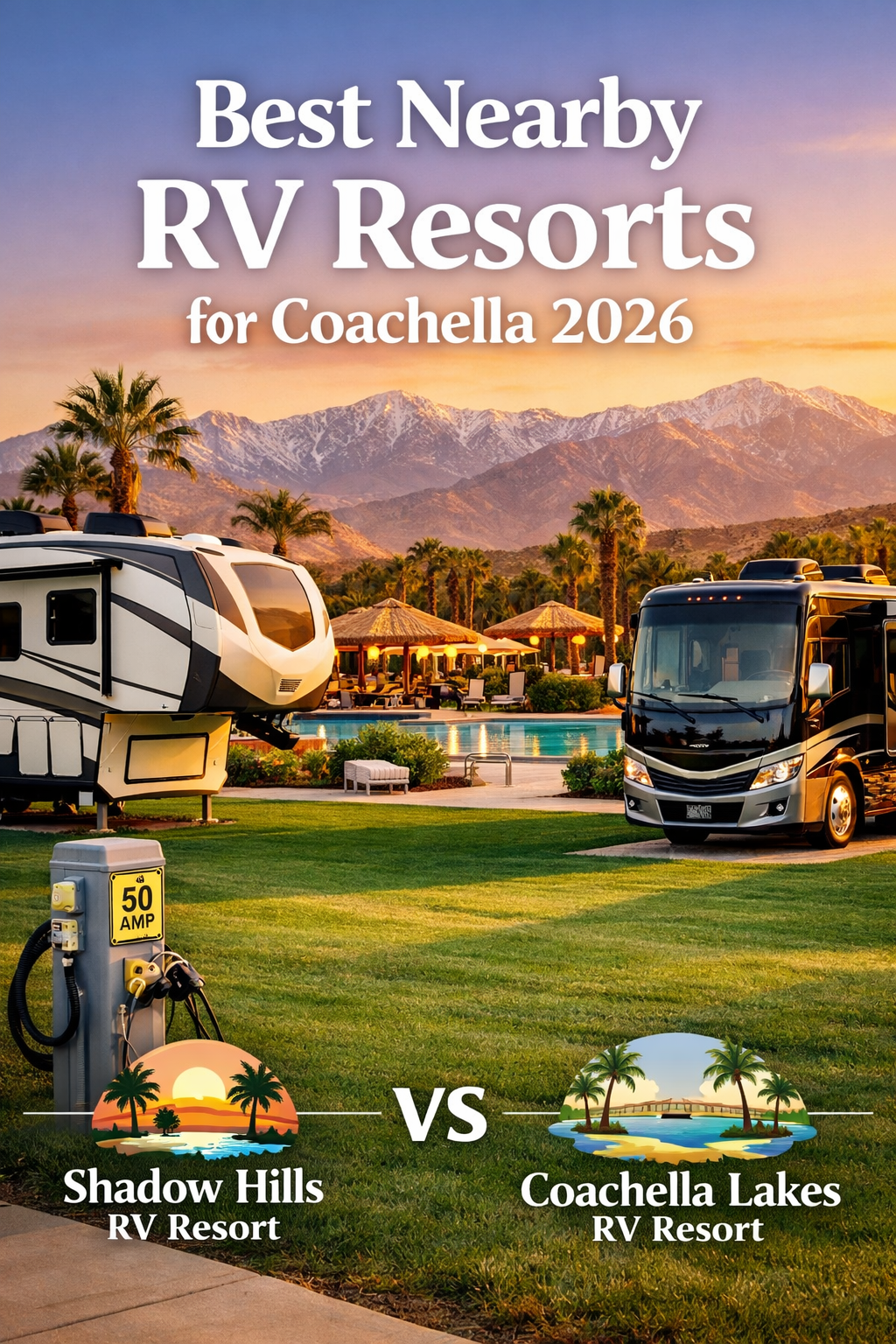 Portrait/Pinterest format () showing a luxurious full-hookup RV resort with a large fifth-wheel and Class A motorhome parked