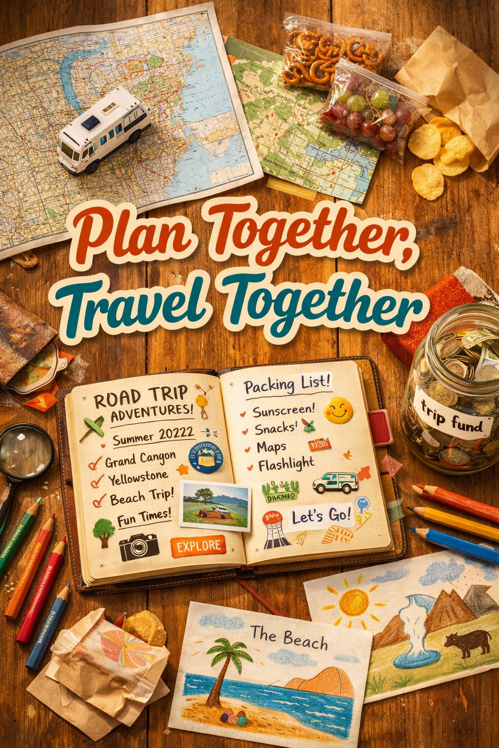 Portrait/Pinterest format () showing a vibrant flat-lay overhead shot of a family road trip planning session on a wooden