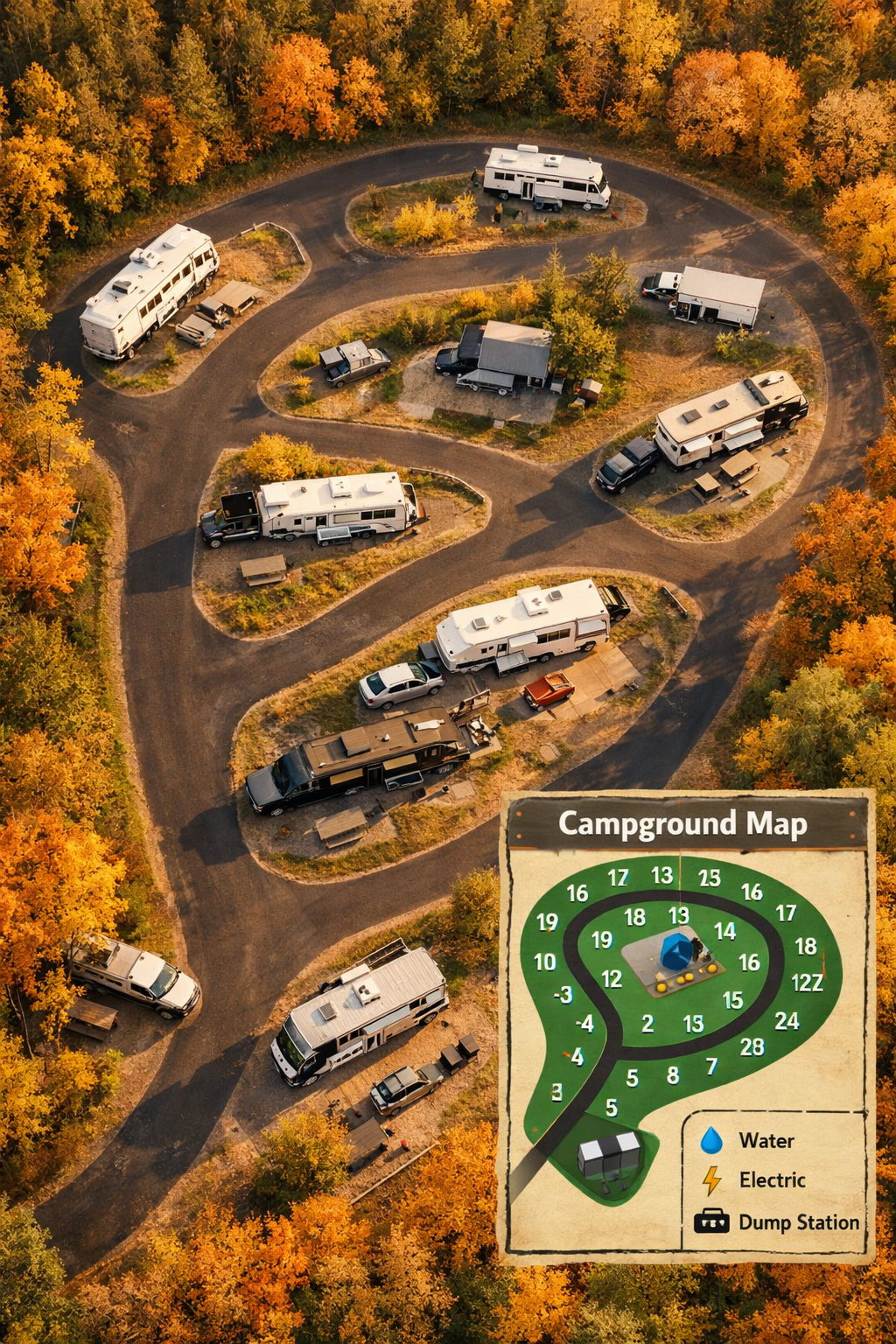 Portrait/Pinterest format () showing an overhead aerial drone-style view of a well-organized National Park campground loop