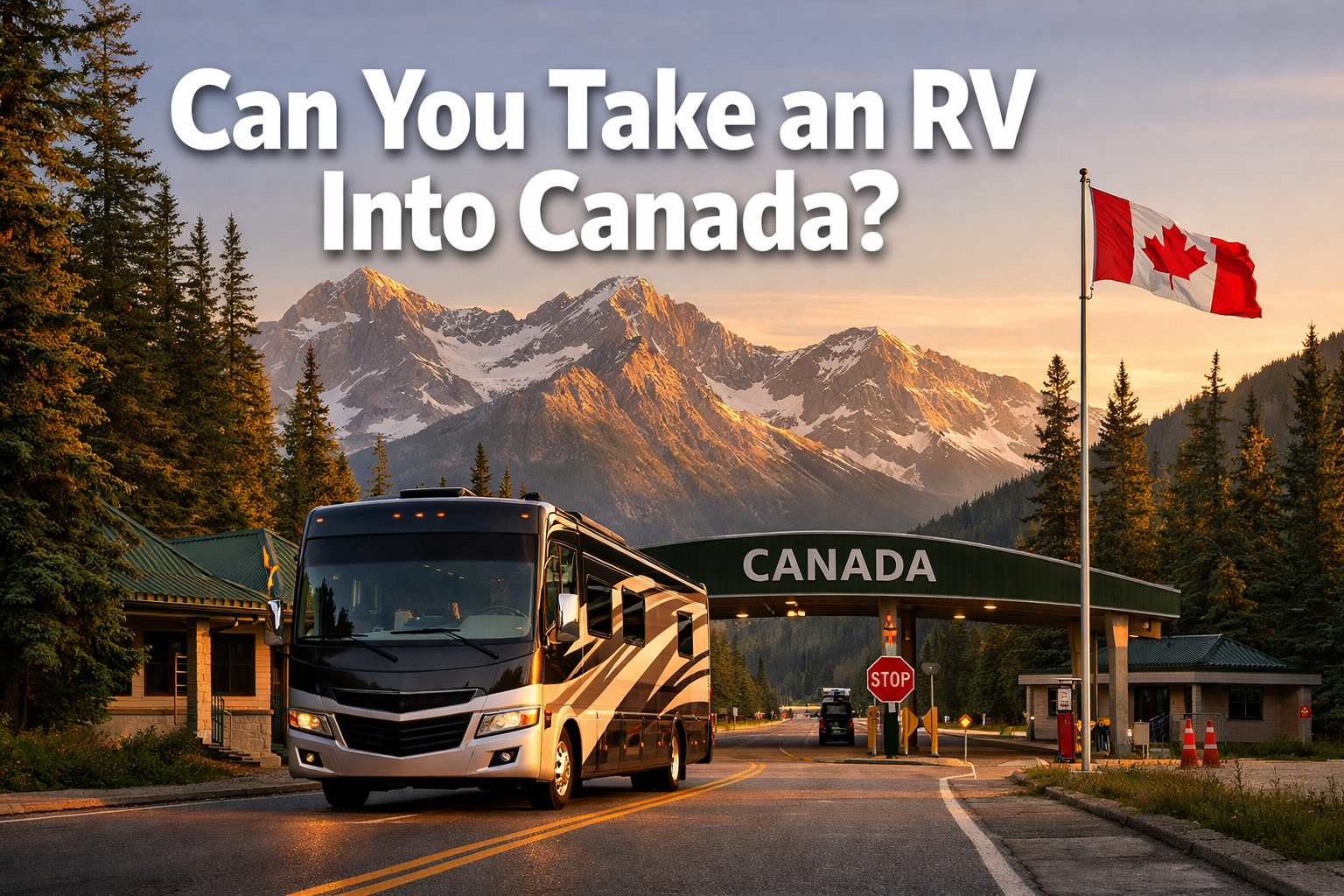 Professional () hero image with : 'Can You Take an RV Into Canada?' in extra large white with dark drop , centered in upper