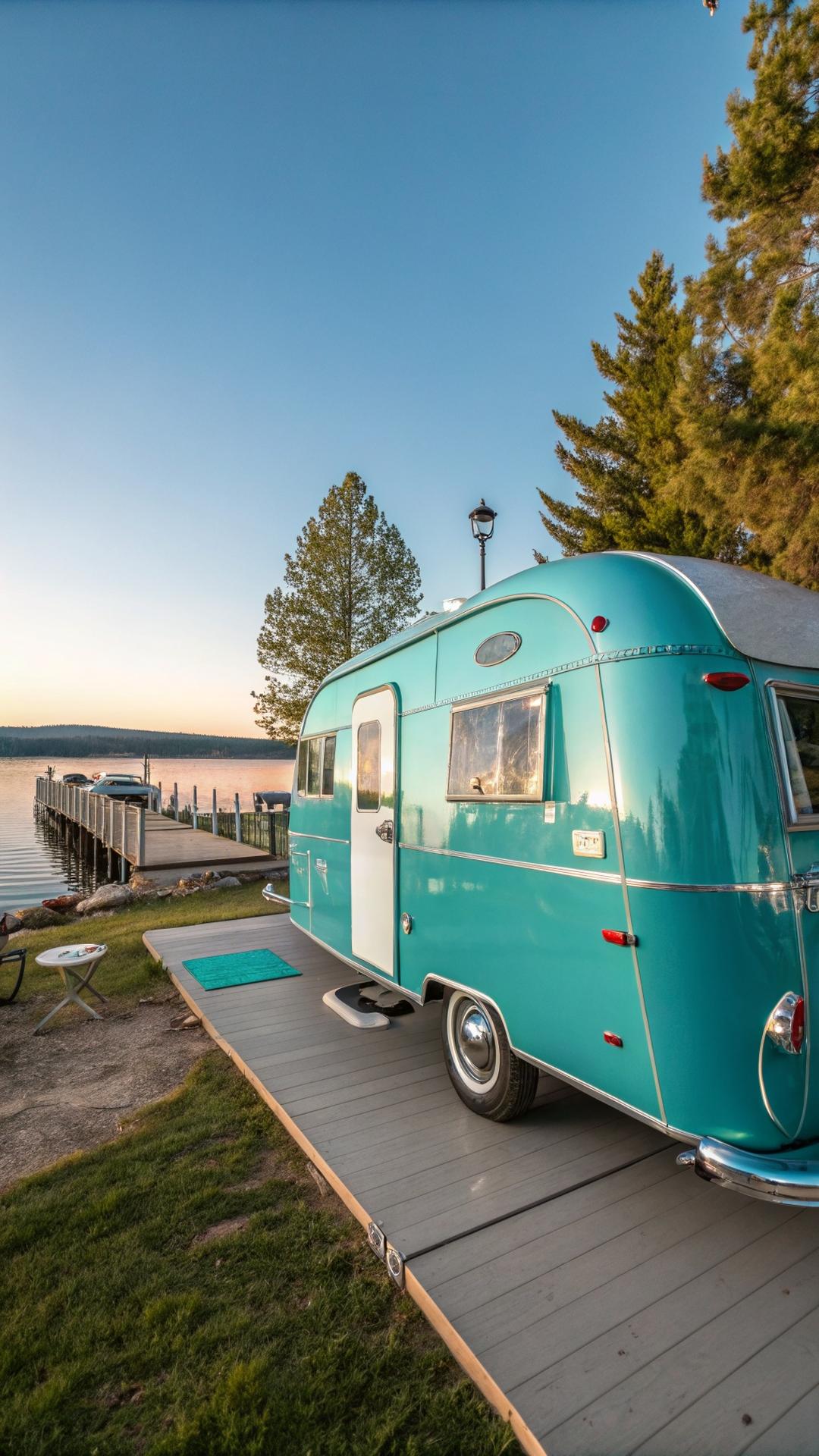 Aqua teal vintage camper at lakeside campground