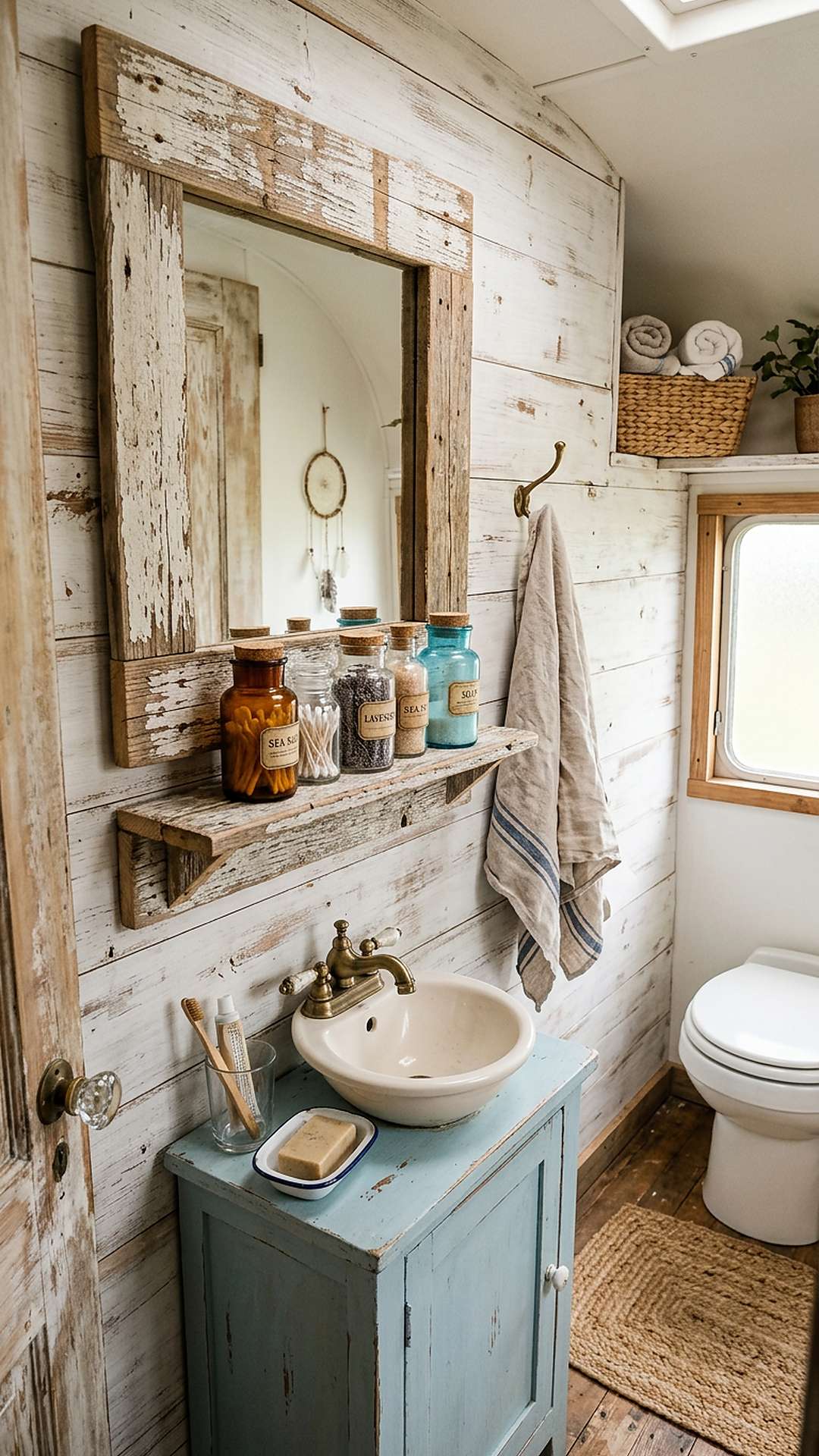Pallet wood mirror frame and shelf in a shabby chic camper bathroom