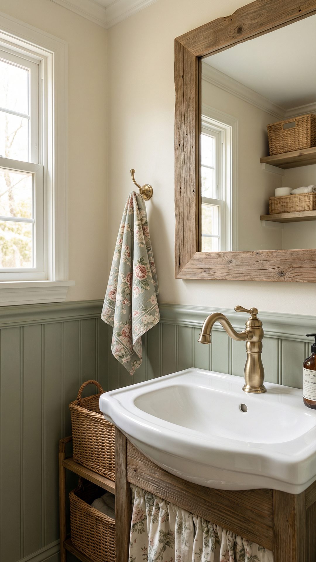 Budget French country RV bathroom with brass faucet and wicker storage