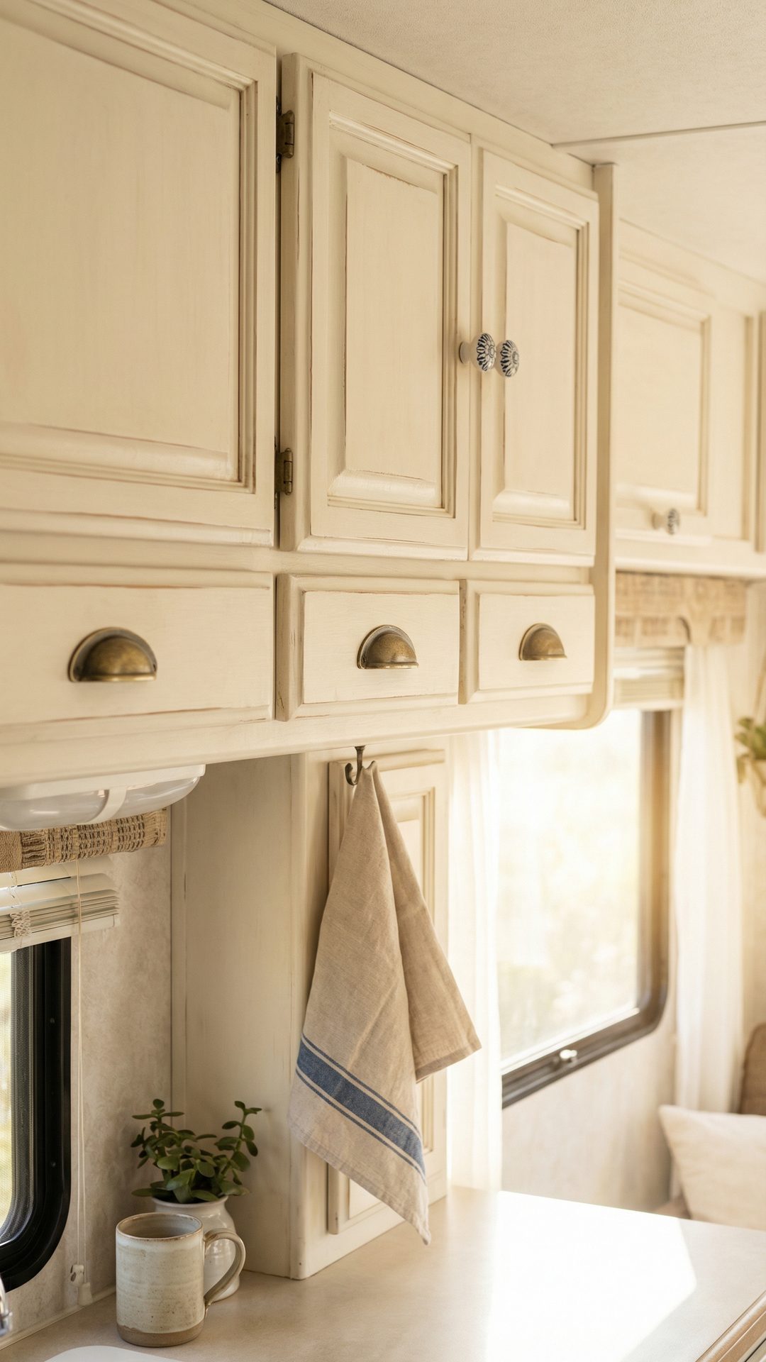 French country RV cabinets with antique brass hardware