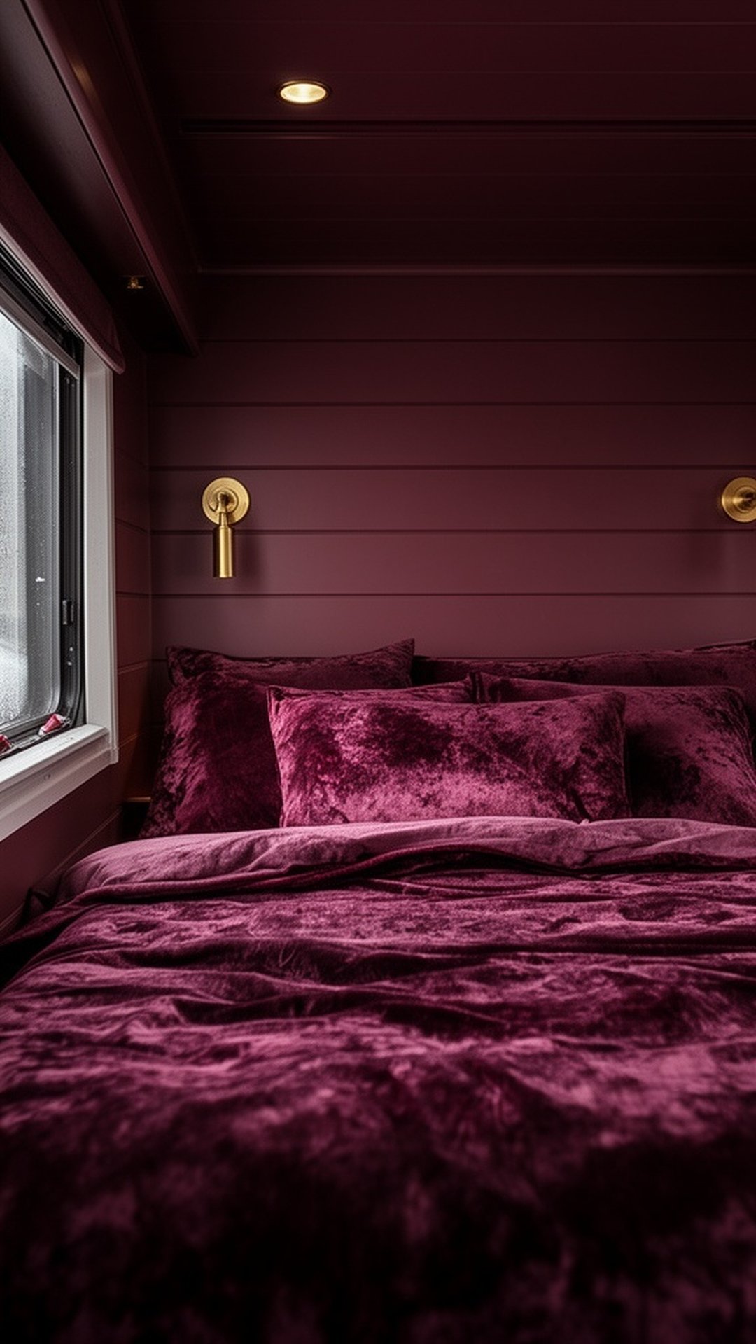 Deep burgundy wine painted shiplap in small camper interior