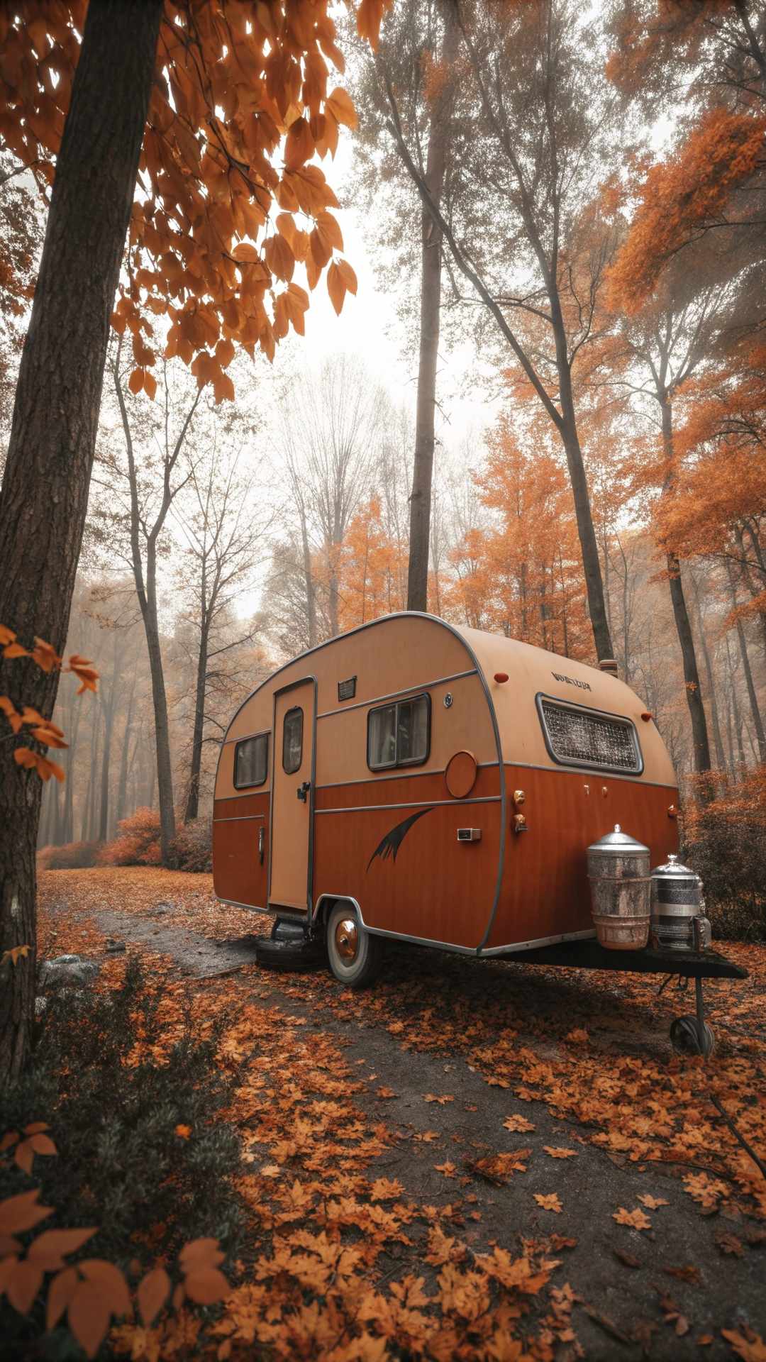 Burnt orange vintage camper in autumn forest setting