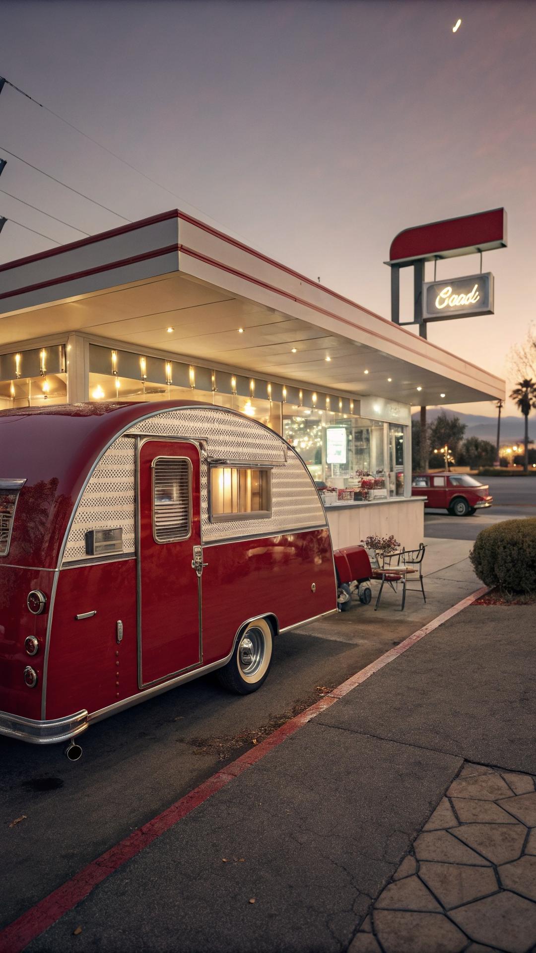 Cherry red vintage camper at retro drive-in diner