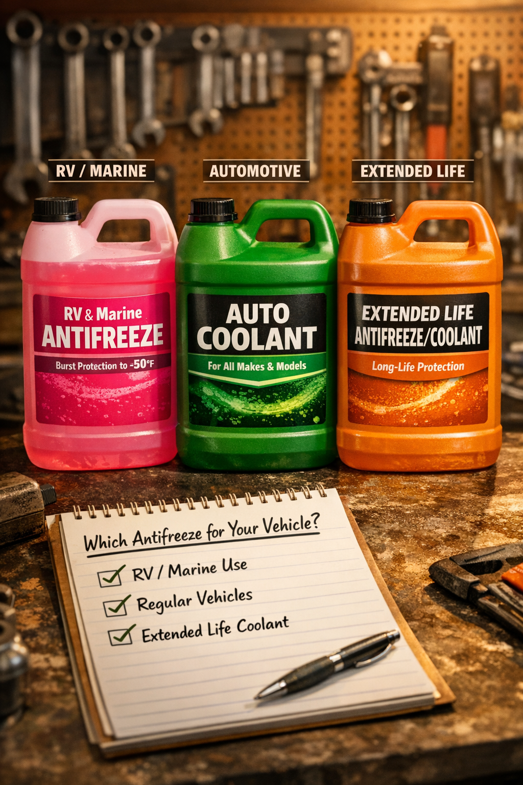 () close-up editorial photo of a mechanic's workbench showing three different antifreeze product bottles (pink RV