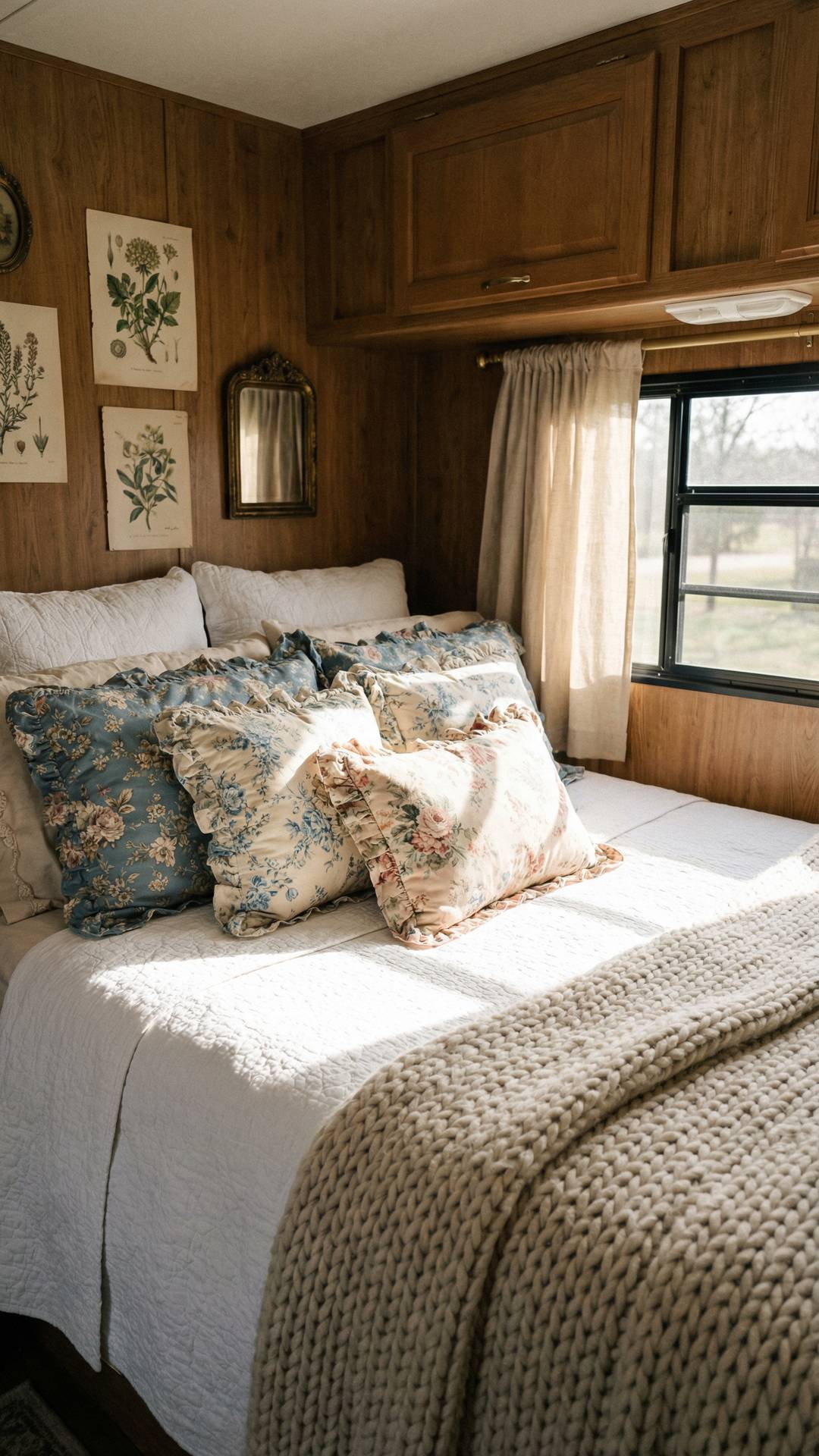Layered French country RV bedding with quilt and floral pillows