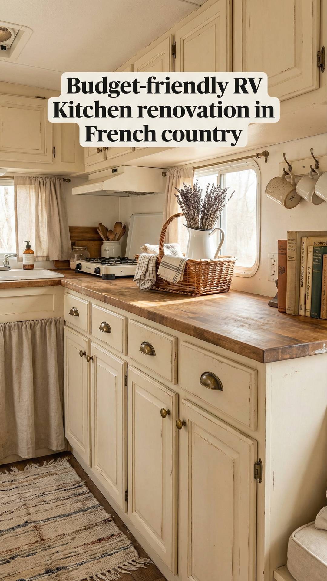 French country RV kitchen with soft cream cabinets and warm brass details