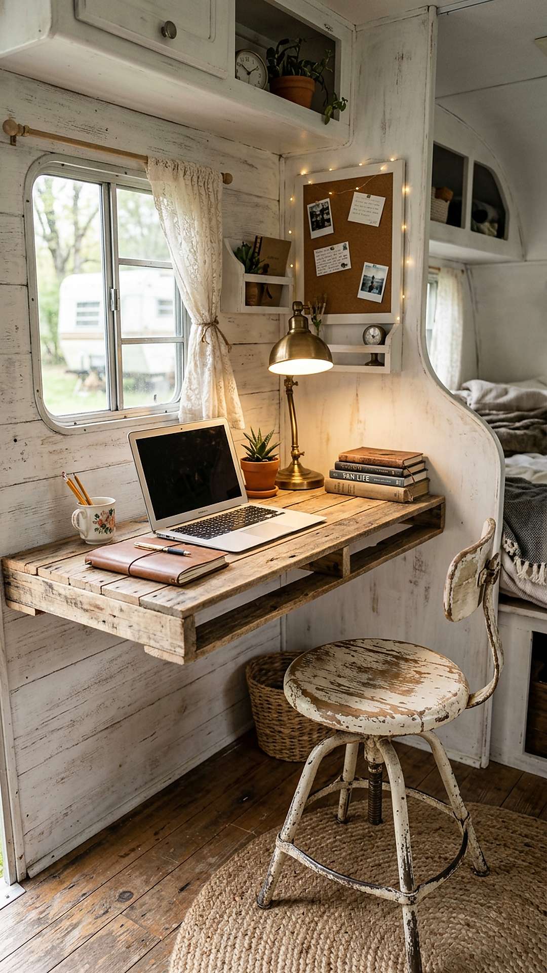 Pallet wood desk surface in a shabby chic camper office nook